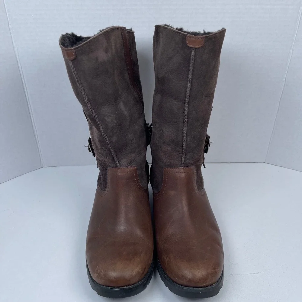 UGG Australia Bellevue Moto Boots Women 9.5 Brown Leather Suede Shearling Biker